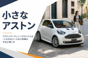 石畳の路地に停まる高級な小型ハッチバックのイメージ