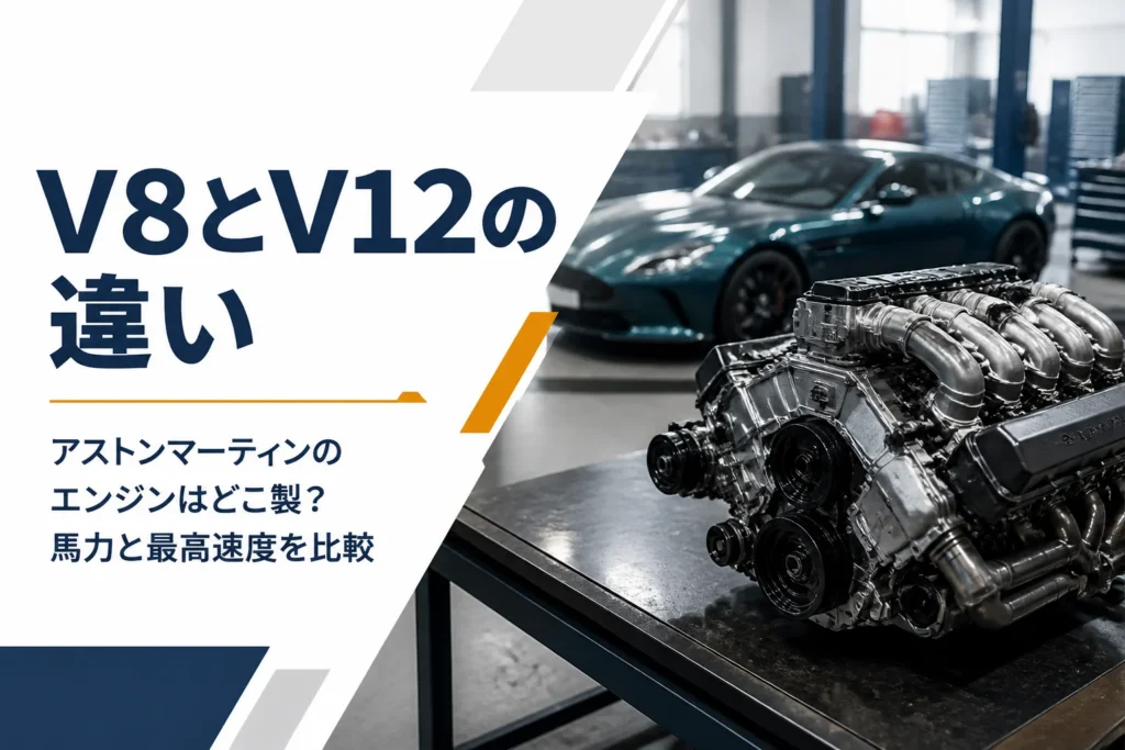 作業台に置かれたV型エンジンとスポーツカーのイメージ