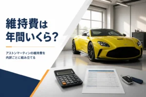 ガレージのスポーツクーペと電卓・見積書が置かれたテーブル
