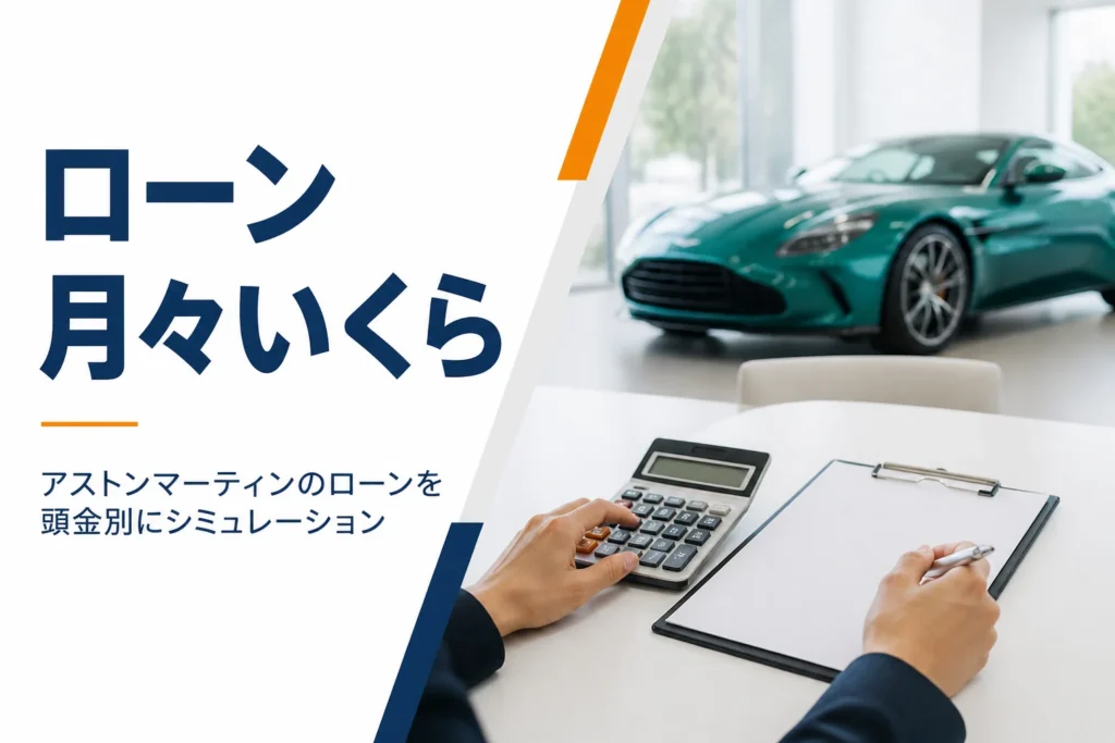 商談テーブルの電卓と見積書、奥に高級GTクーペが見えるショールーム