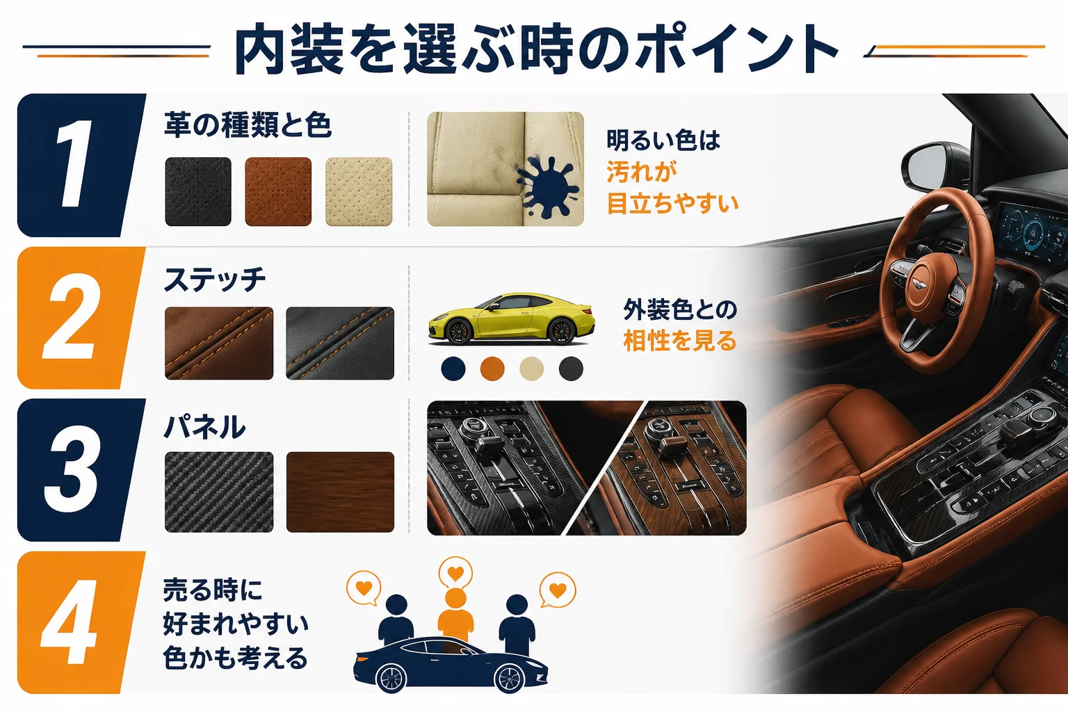 内装の素材と色を選ぶ時のポイントを示した図解