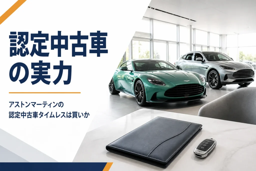 ショールームに並ぶ高級車と保証書のファイルのイメージ