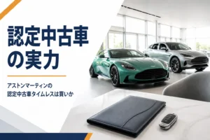 ショールームに並ぶ高級車と保証書のファイルのイメージ