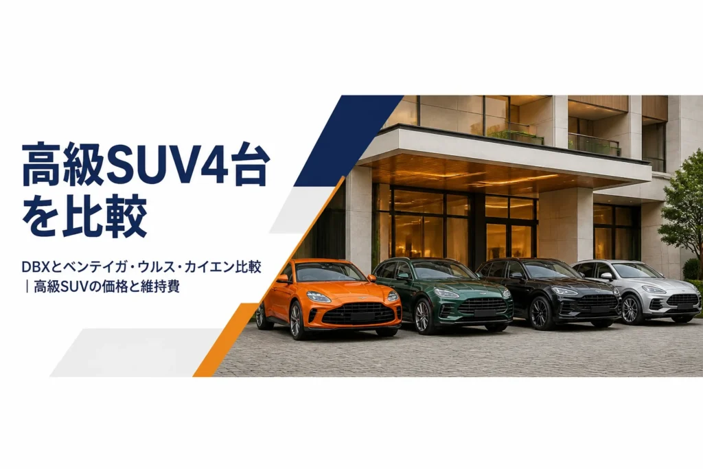 ホテルのエントランス前に並ぶ4台の高級SUVのイメージ